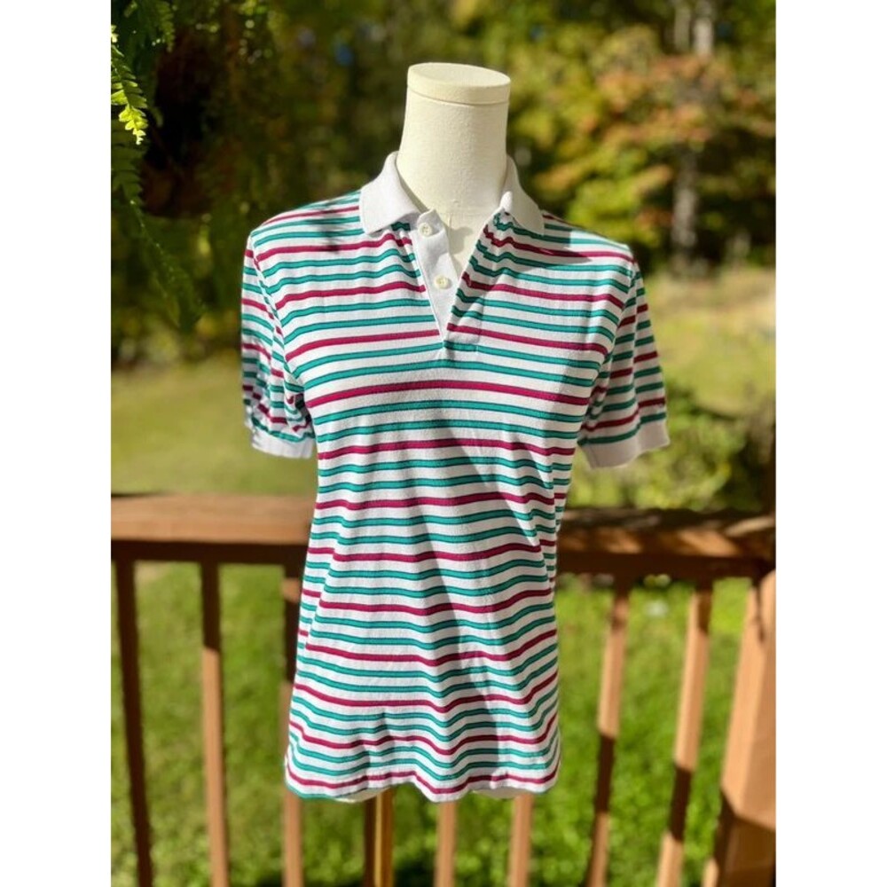 Vintage Late 80s Early 90s Levi’s Striped Polo Shirt Pink Teal Size Small